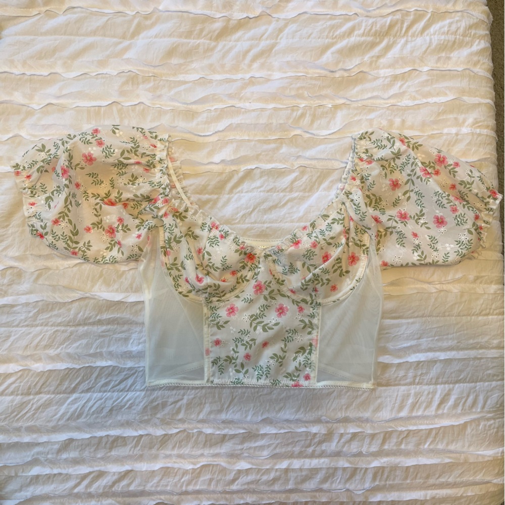 Floral Print Puff Sleeve Mesh Top